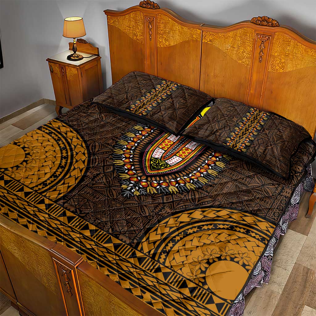 Gold Dashiki and Tapa Pattern Quilt Bed Set Africa-Polynesia Together Culture LT9