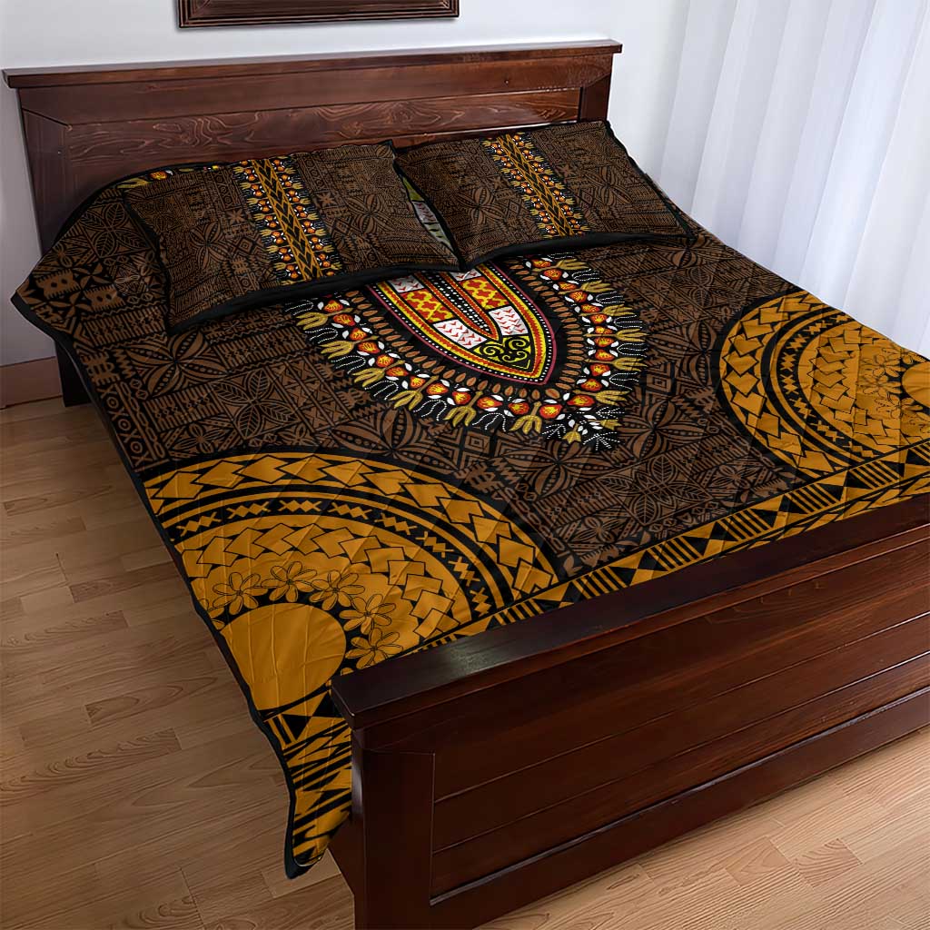 Gold Dashiki and Tapa Pattern Quilt Bed Set Africa-Polynesia Together Culture LT9