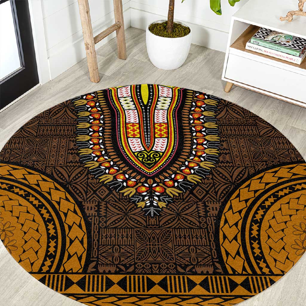 Gold Dashiki and Tapa Pattern Round Carpet Africa-Polynesia Together Culture LT9