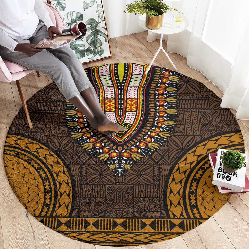 Gold Dashiki and Tapa Pattern Round Carpet Africa-Polynesia Together Culture LT9