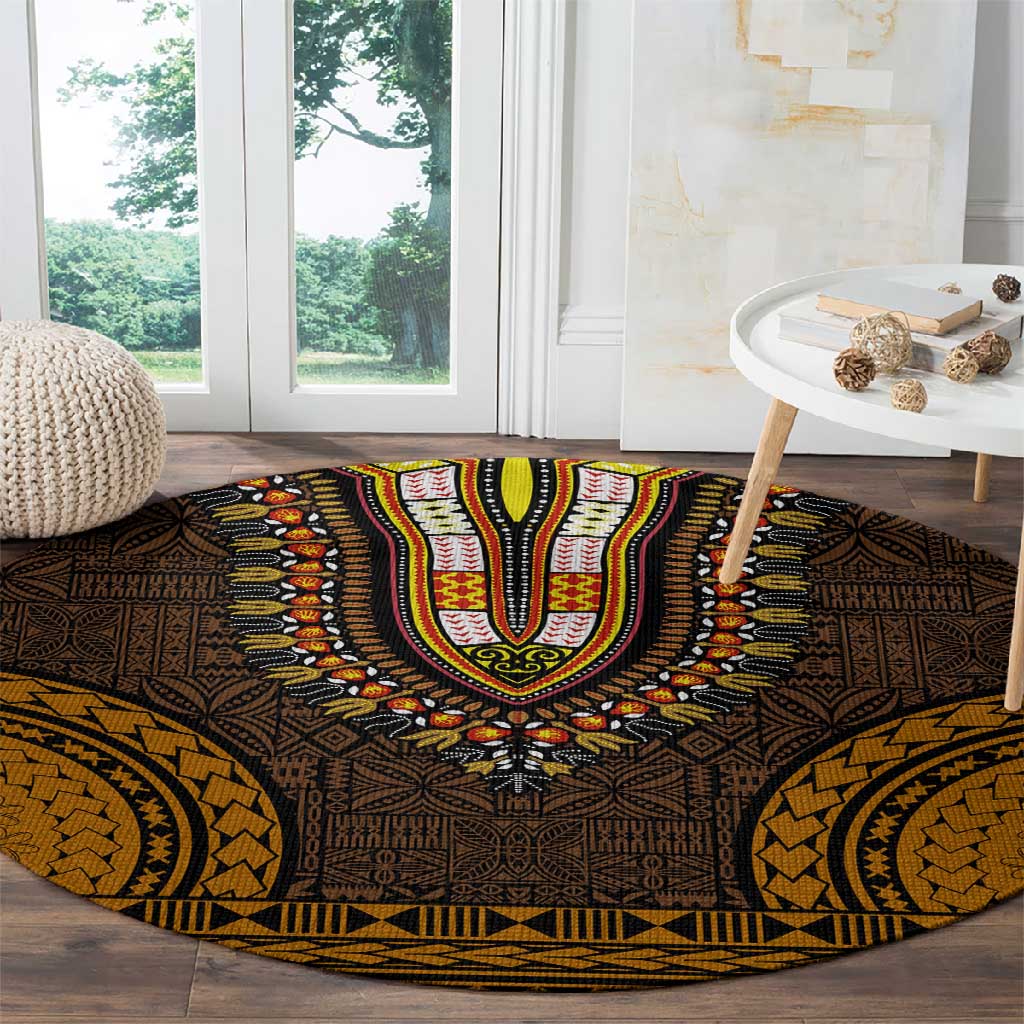Gold Dashiki and Tapa Pattern Round Carpet Africa-Polynesia Together Culture LT9