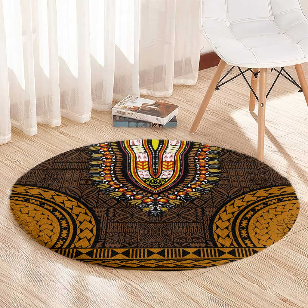 Gold Dashiki and Tapa Pattern Round Carpet Africa-Polynesia Together Culture LT9