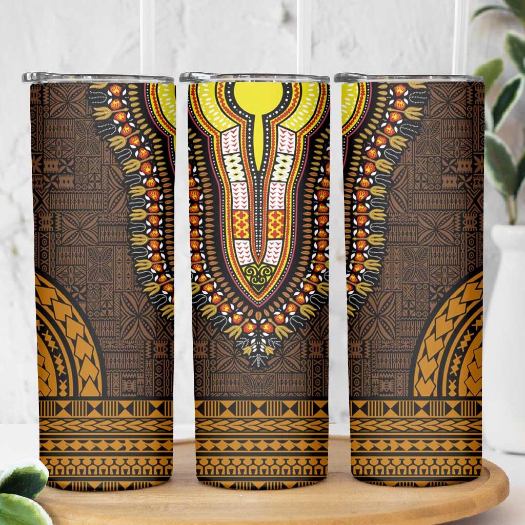 Gold Dashiki and Tapa Pattern Skinny Tumbler Africa-Polynesia Together Culture LT9