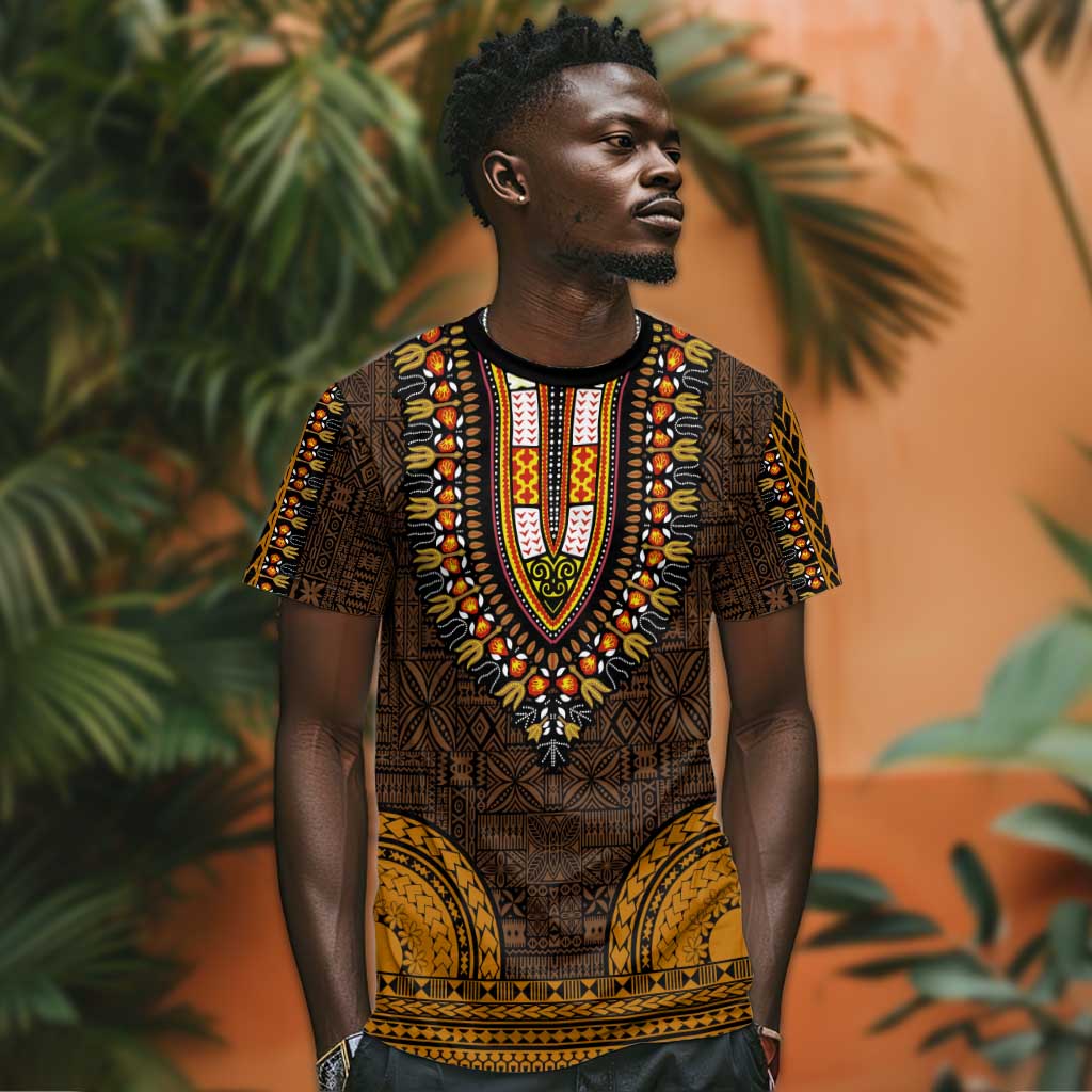 Gold Dashiki and Tapa Pattern T shirt Africa-Polynesia Together Culture LT9