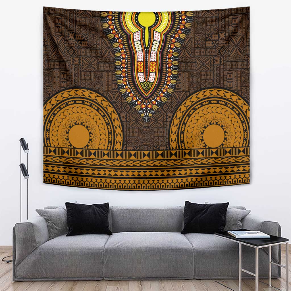 Gold Dashiki and Tapa Pattern Tapestry Africa-Polynesia Together Culture LT9