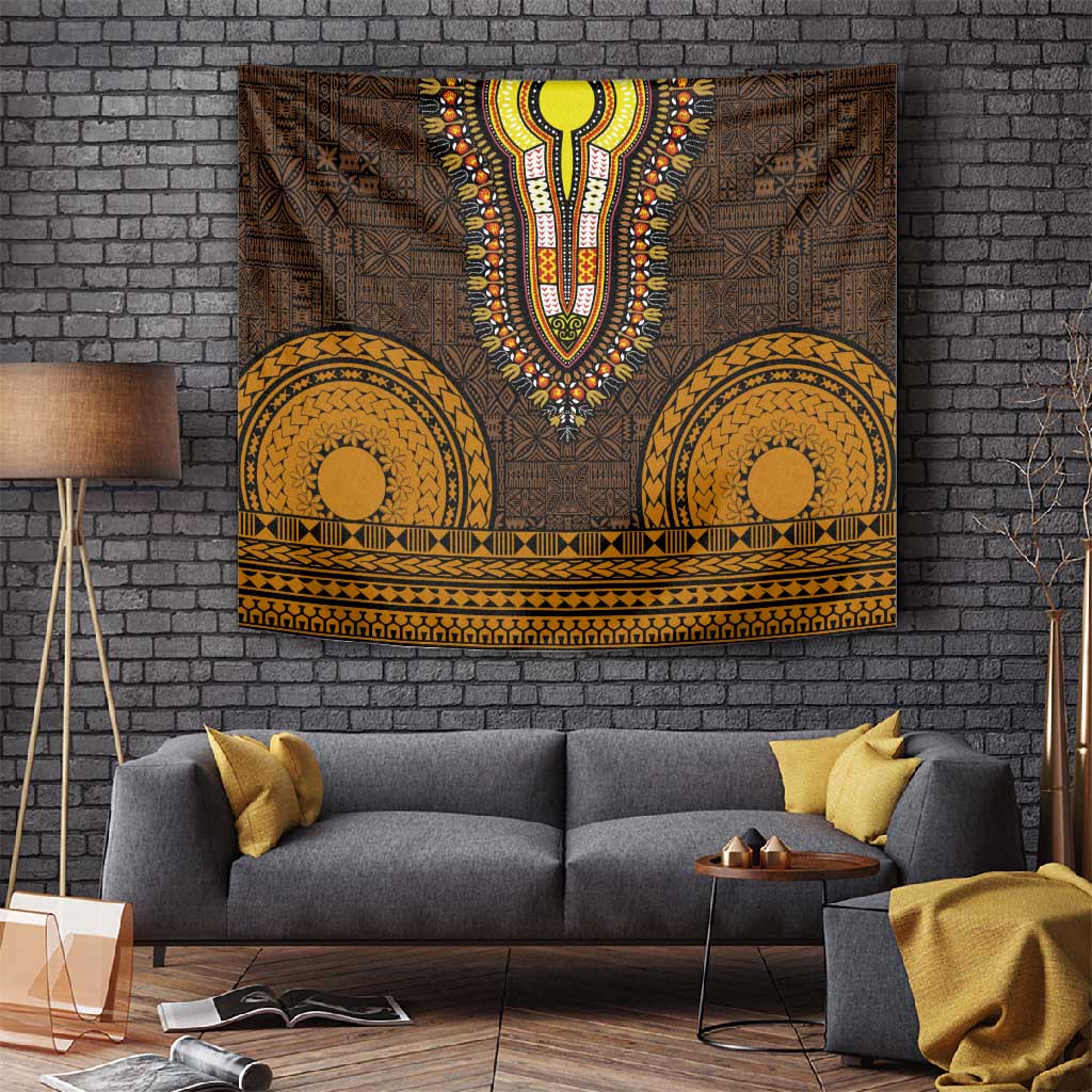 Gold Dashiki and Tapa Pattern Tapestry Africa-Polynesia Together Culture LT9