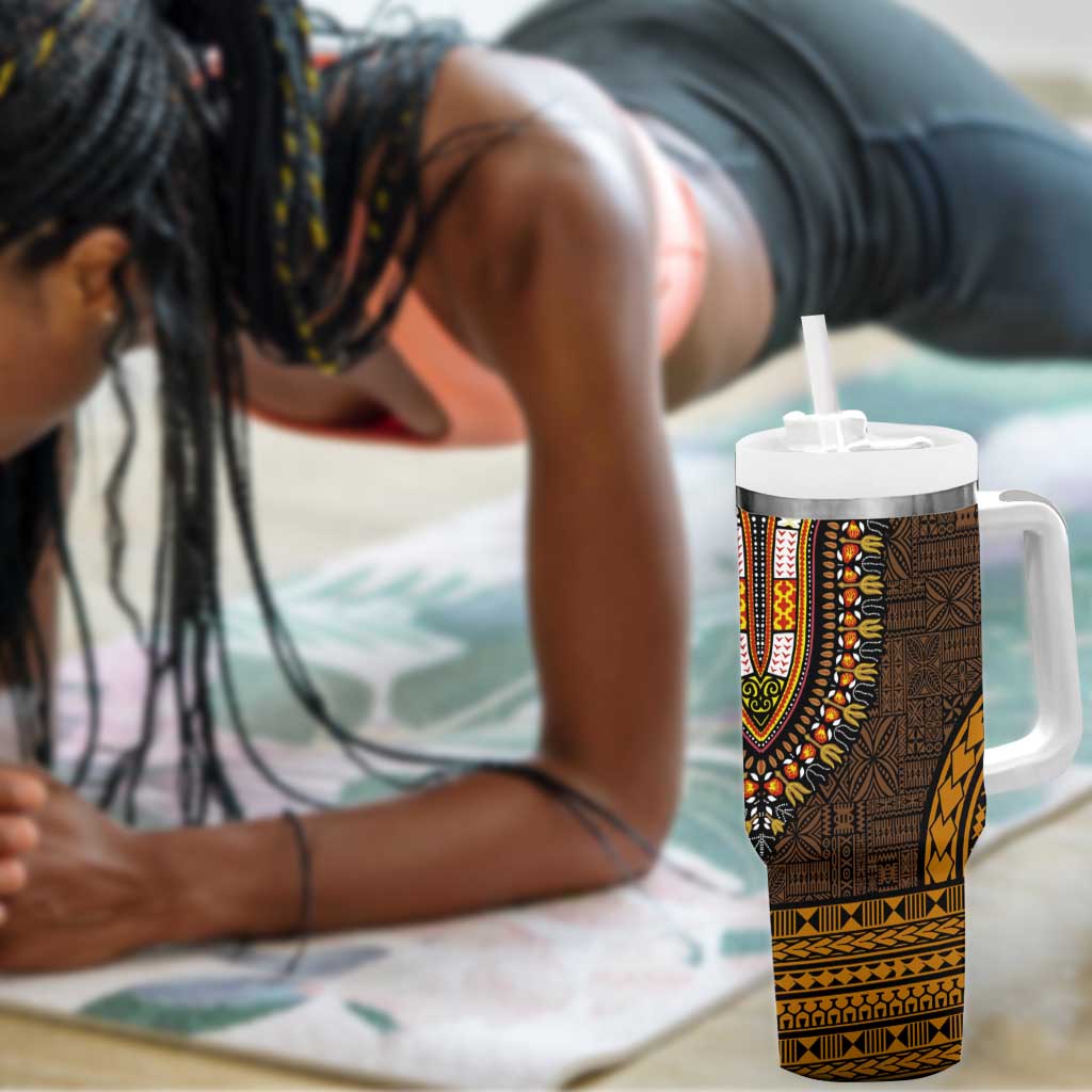 Gold Dashiki and Tapa Pattern Tumbler With Handle Africa-Polynesia Together Culture LT9