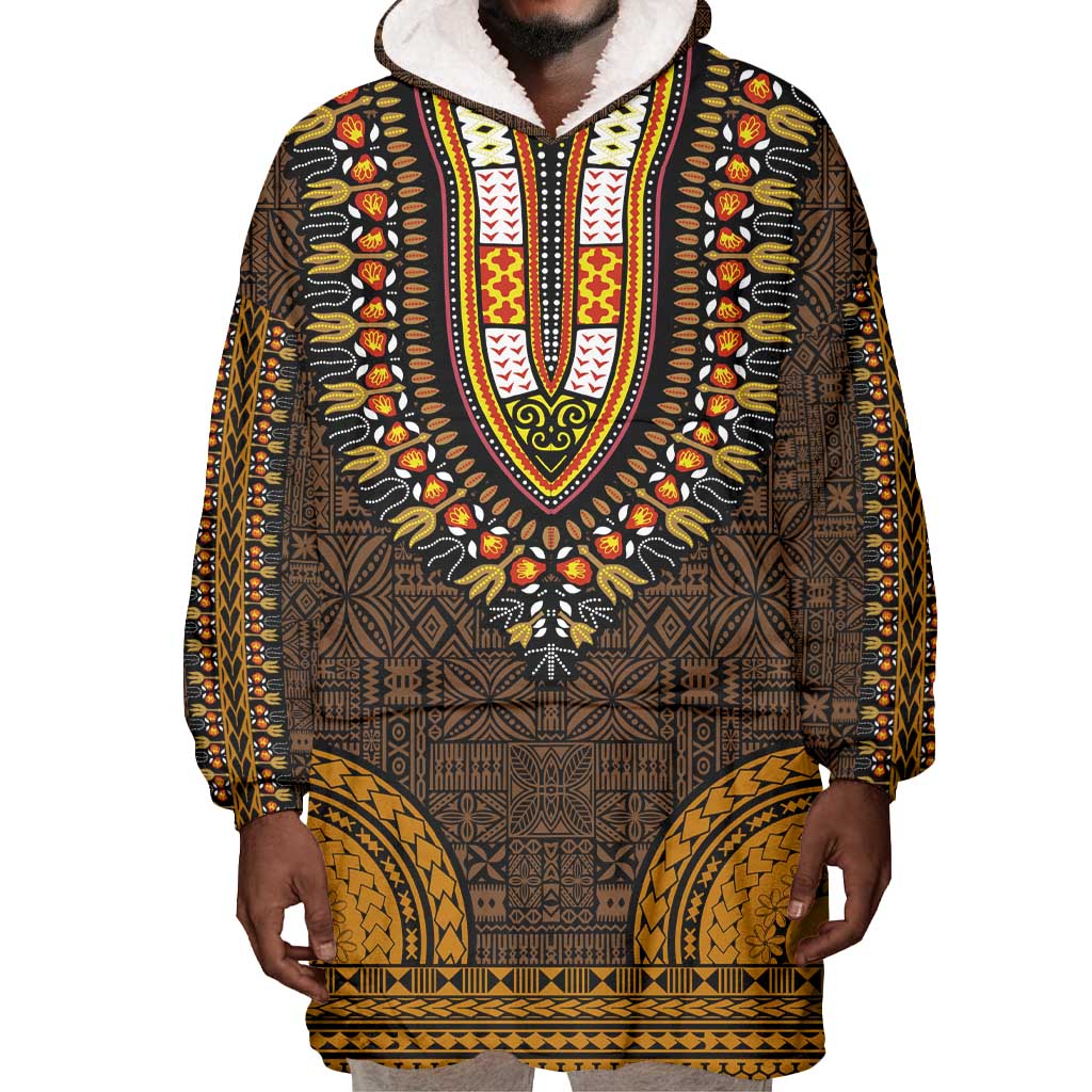 Gold Dashiki and Tapa Pattern Wearable Blanket Hoodie Africa-Polynesia Together Culture LT9
