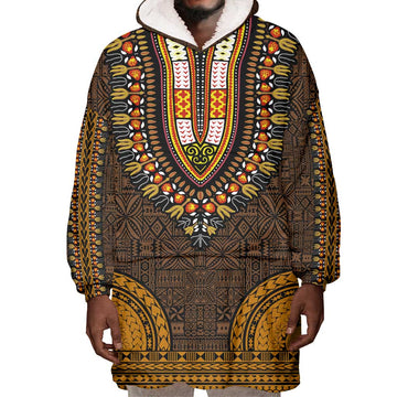 Gold Dashiki and Tapa Pattern Wearable Blanket Hoodie Africa-Polynesia Together Culture LT9