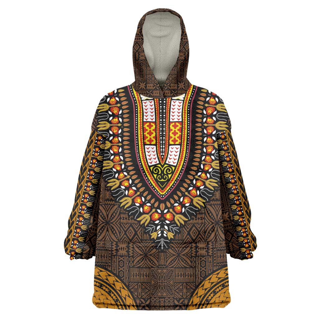 Gold Dashiki and Tapa Pattern Wearable Blanket Hoodie Africa-Polynesia Together Culture LT9