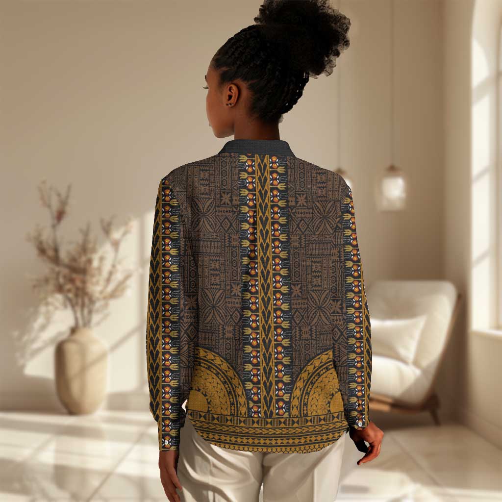 Gold Dashiki and Tapa Pattern Women Casual Shirt Africa-Polynesia Together Culture LT9