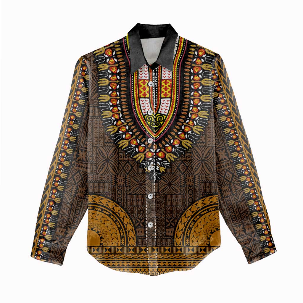 Gold Dashiki and Tapa Pattern Women Casual Shirt Africa-Polynesia Together Culture LT9