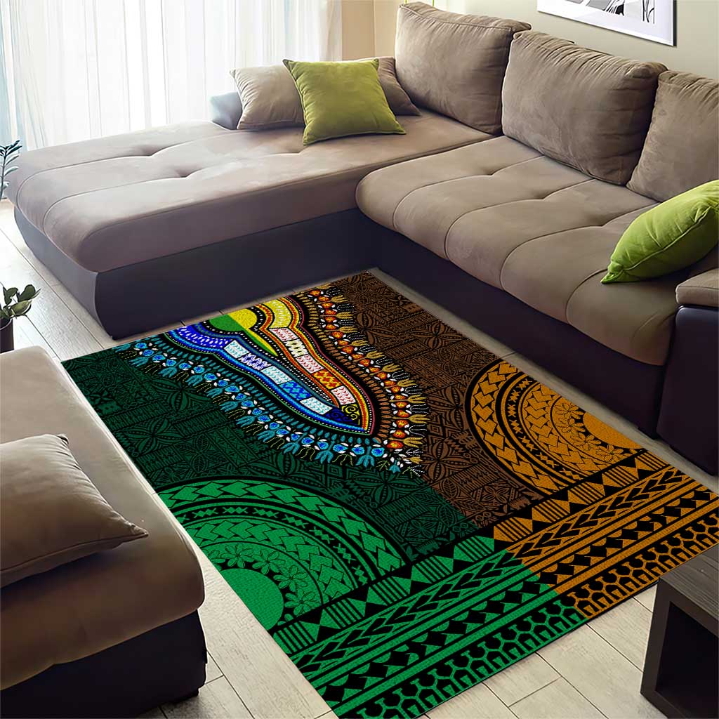 Green-gold Dashiki and Tapa Pattern Area Rug Africa-Polynesia Together Culture LT9