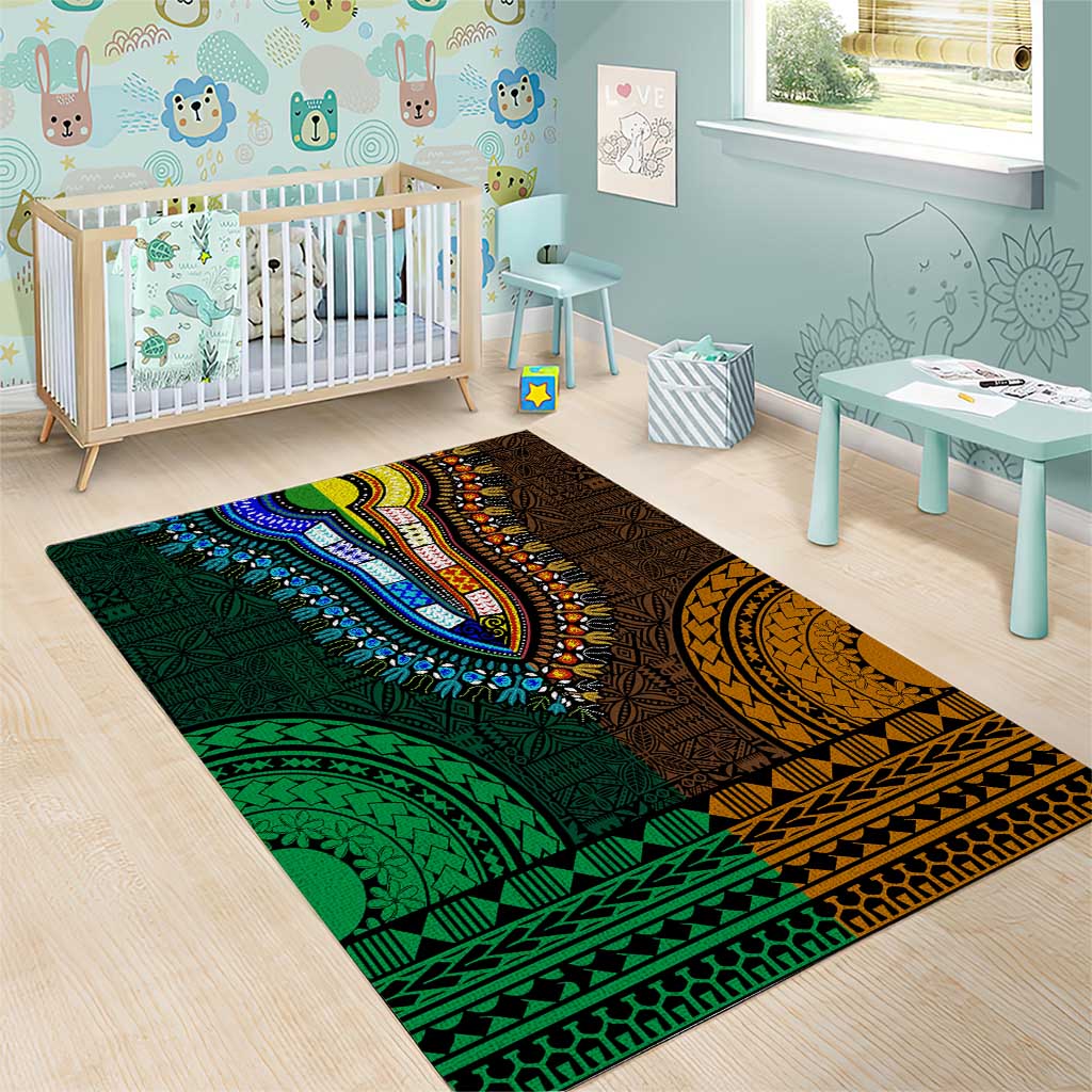 Green-gold Dashiki and Tapa Pattern Area Rug Africa-Polynesia Together Culture LT9