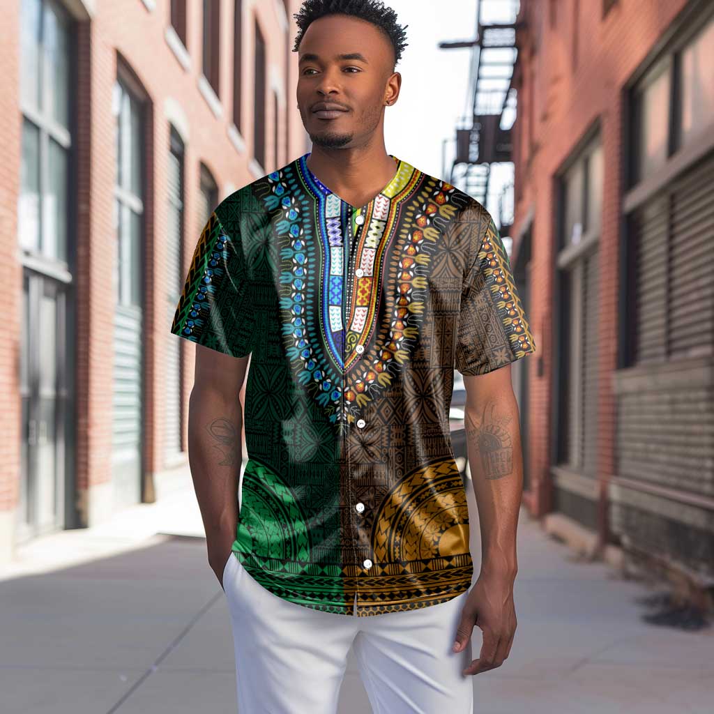 Green-gold Dashiki and Tapa Pattern Baseball Jersey Africa-Polynesia Together Culture LT9