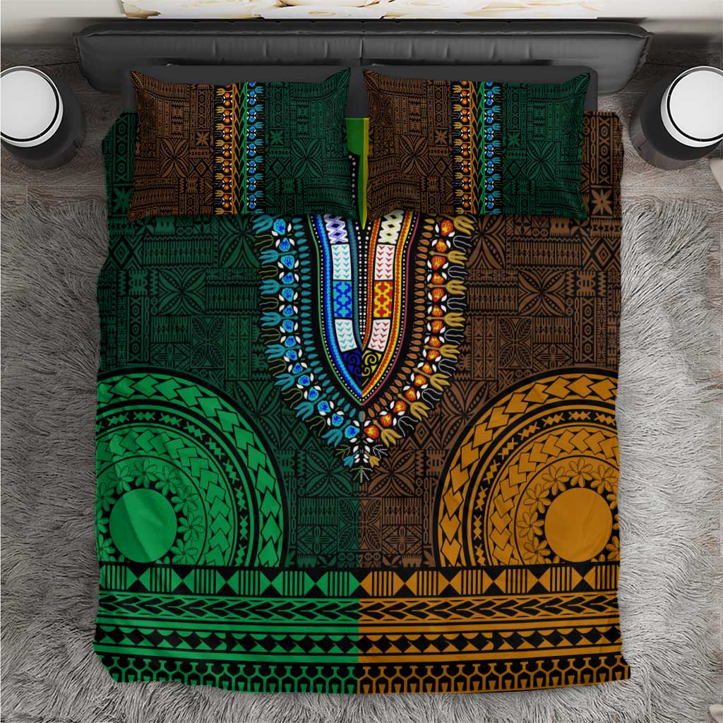 Green-gold Dashiki and Tapa Pattern Bedding Set Africa-Polynesia Together Culture LT9