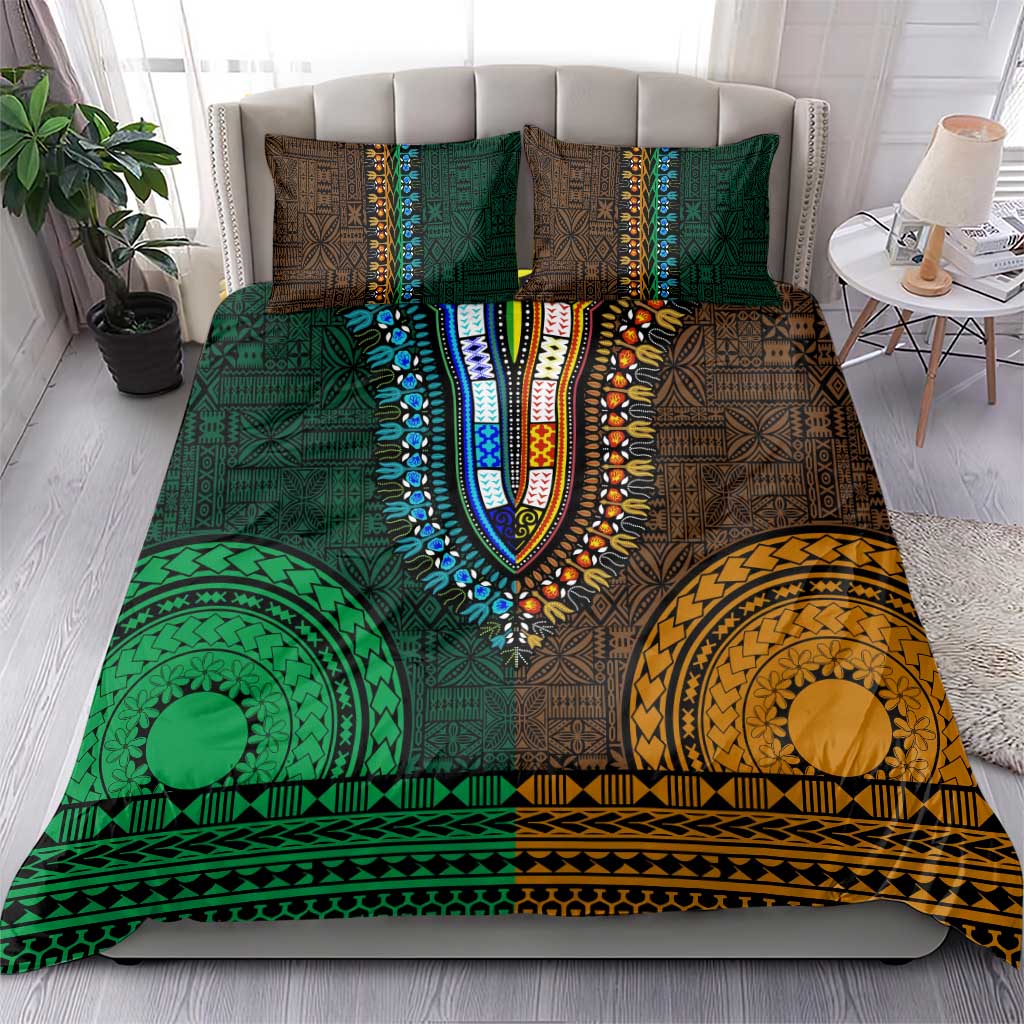 Green-gold Dashiki and Tapa Pattern Bedding Set Africa-Polynesia Together Culture LT9
