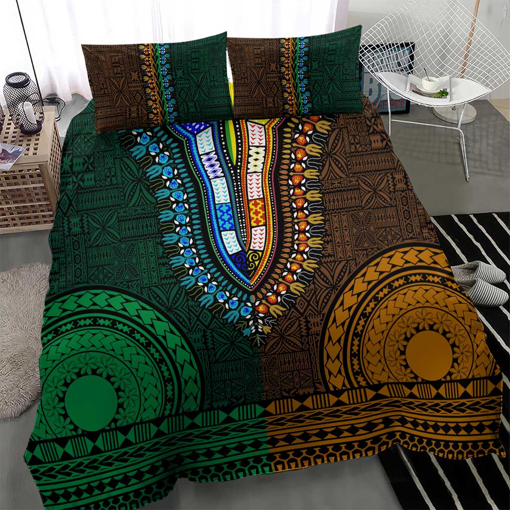 Green-gold Dashiki and Tapa Pattern Bedding Set Africa-Polynesia Together Culture LT9