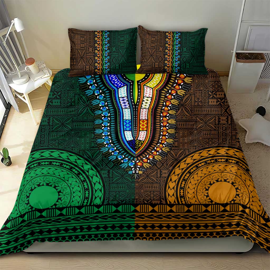 Green-gold Dashiki and Tapa Pattern Bedding Set Africa-Polynesia Together Culture LT9