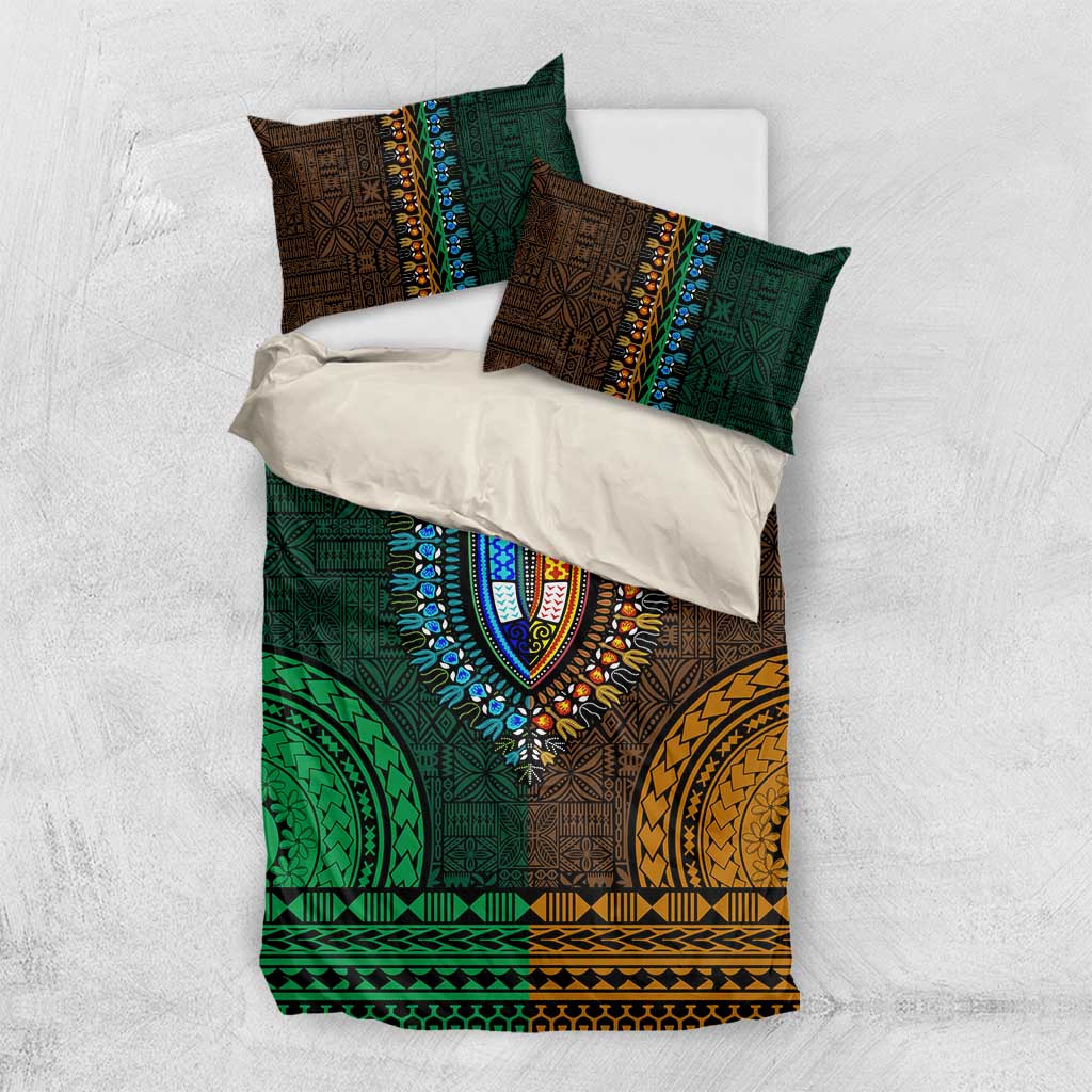 Green-gold Dashiki and Tapa Pattern Bedding Set Africa-Polynesia Together Culture LT9