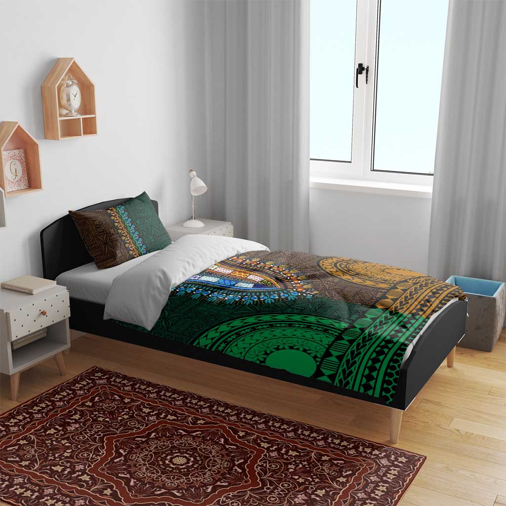 Green-gold Dashiki and Tapa Pattern Bedding Set Africa-Polynesia Together Culture LT9