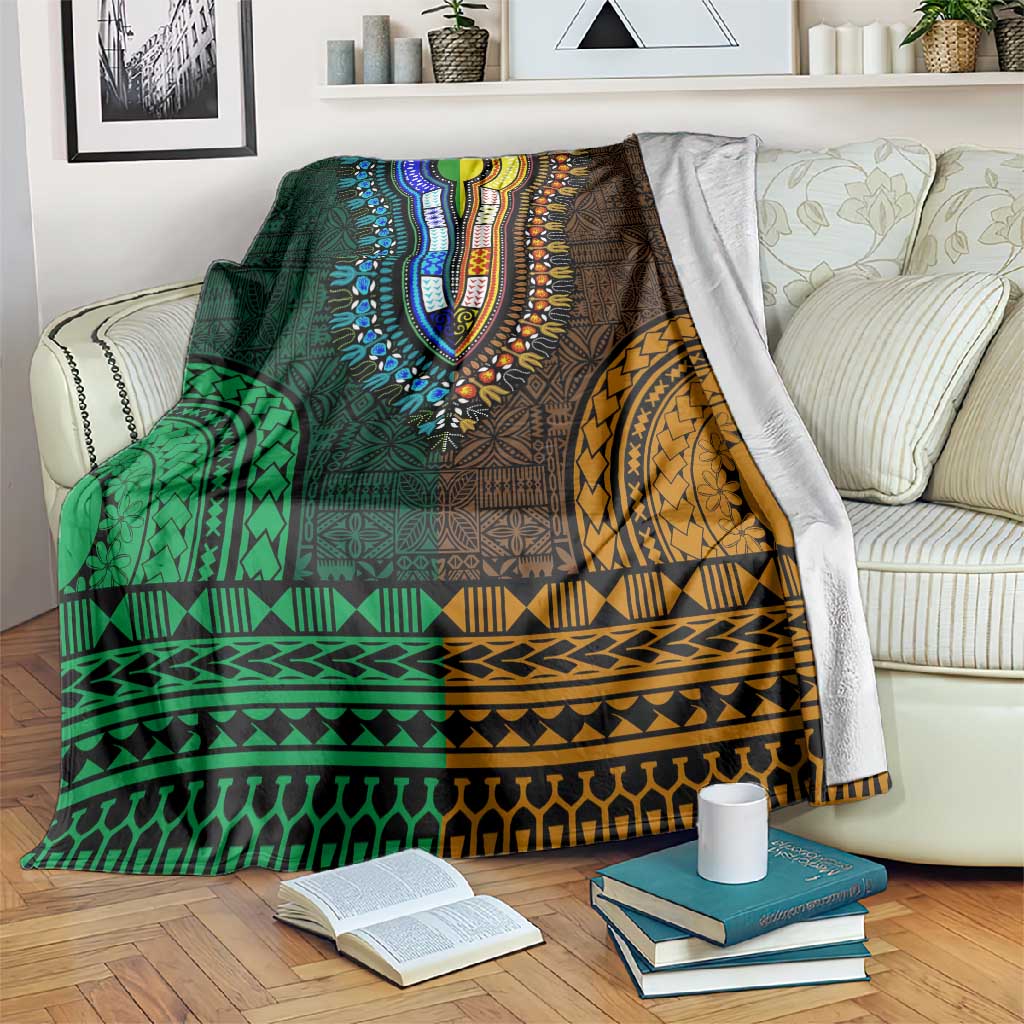 Green-gold Dashiki and Tapa Pattern Blanket Africa-Polynesia Together Culture LT9