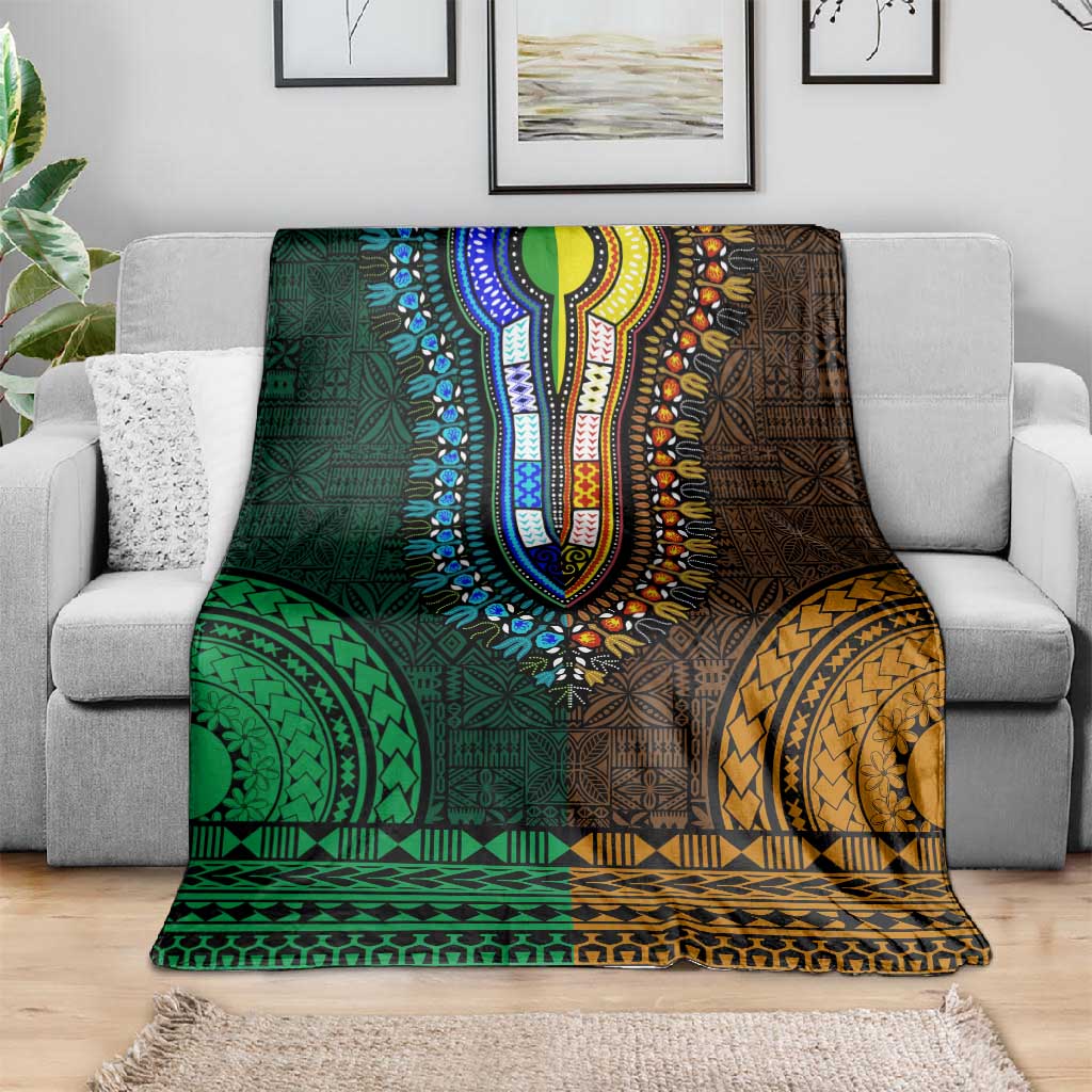 Green-gold Dashiki and Tapa Pattern Blanket Africa-Polynesia Together Culture LT9