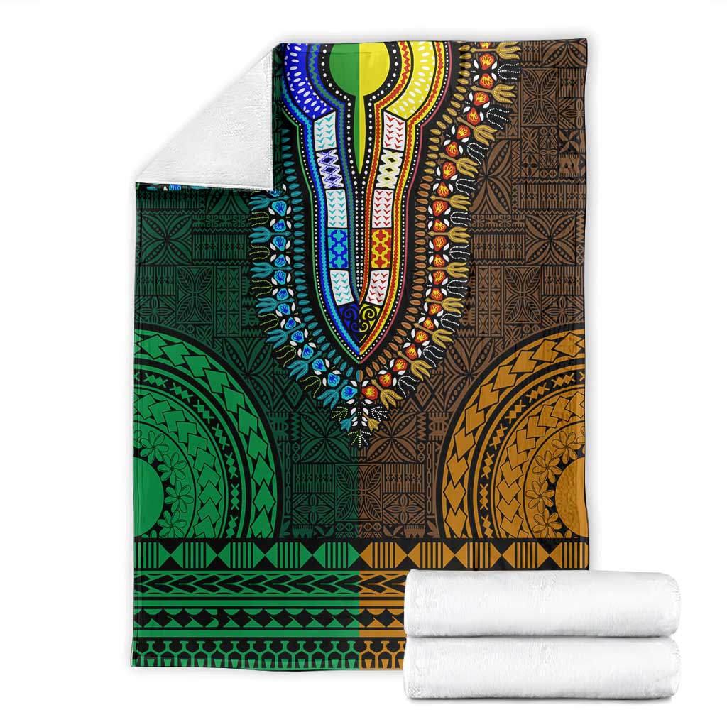 Green-gold Dashiki and Tapa Pattern Blanket Africa-Polynesia Together Culture LT9