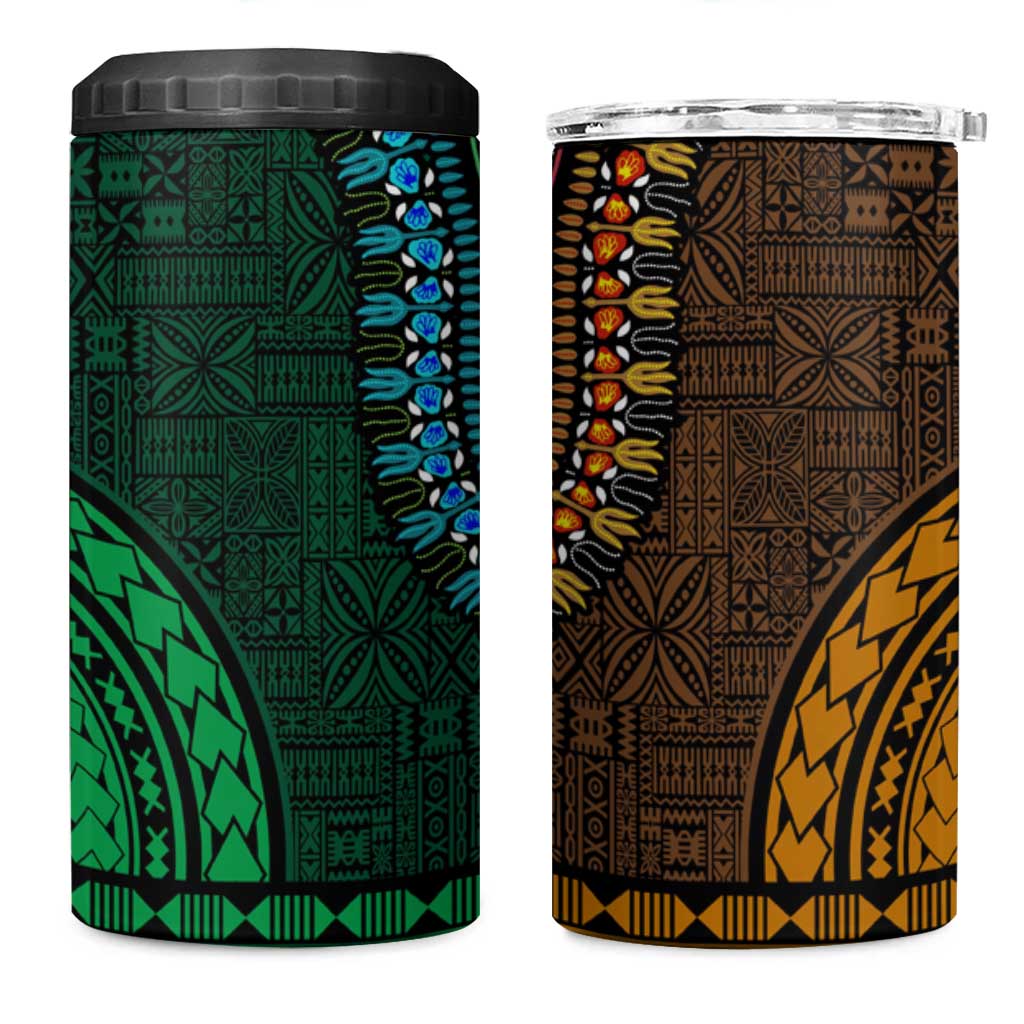 Green-gold Dashiki and Tapa Pattern 4 in 1 Can Cooler Tumbler Africa-Polynesia Together Culture LT9