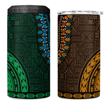 Green-gold Dashiki and Tapa Pattern 4 in 1 Can Cooler Tumbler Africa-Polynesia Together Culture LT9