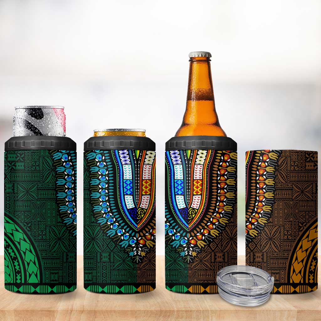 Green-gold Dashiki and Tapa Pattern 4 in 1 Can Cooler Tumbler Africa-Polynesia Together Culture LT9