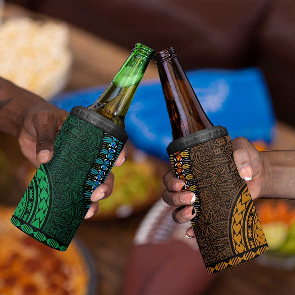 Green-gold Dashiki and Tapa Pattern 4 in 1 Can Cooler Tumbler Africa-Polynesia Together Culture LT9