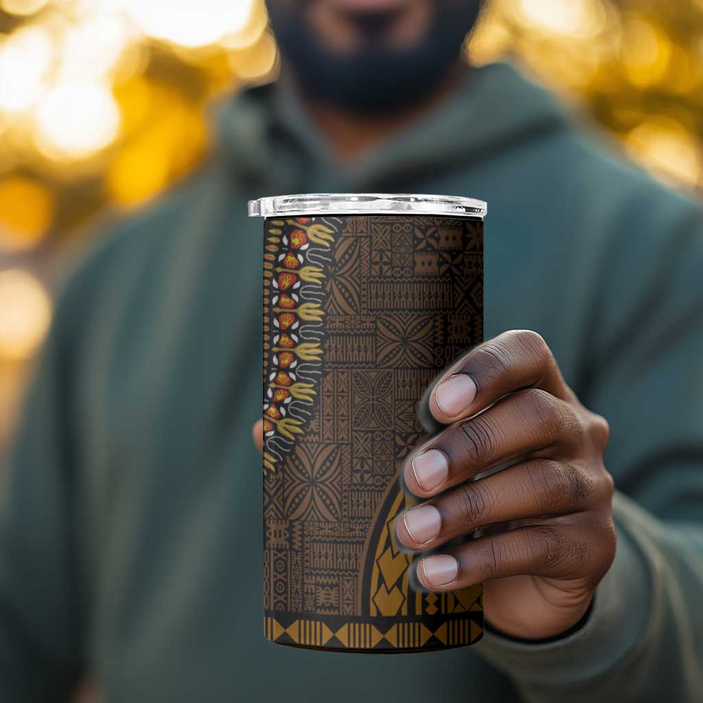 Green-gold Dashiki and Tapa Pattern 4 in 1 Can Cooler Tumbler Africa-Polynesia Together Culture LT9