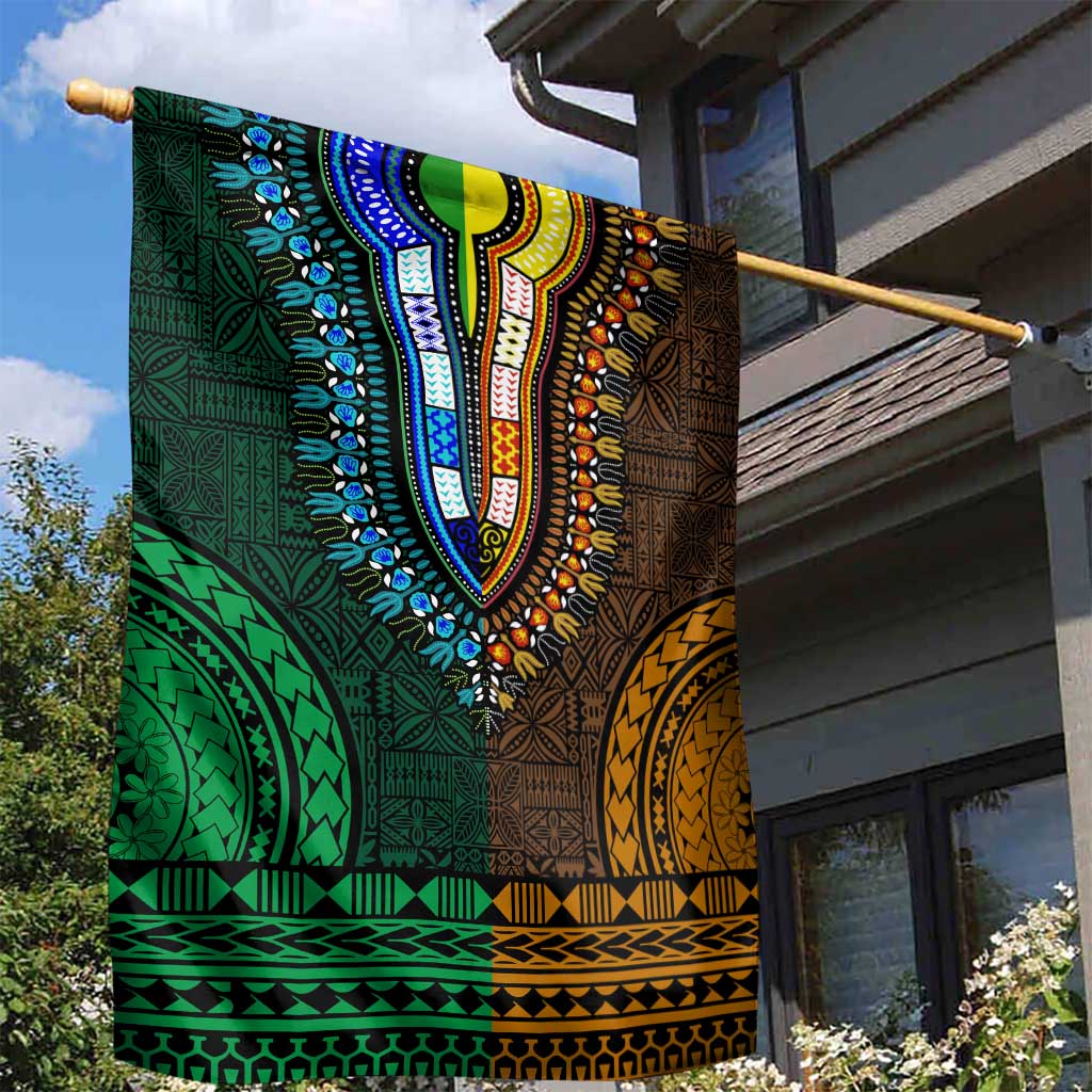 Green-gold Dashiki and Tapa Pattern Garden Flag Africa-Polynesia Together Culture LT9