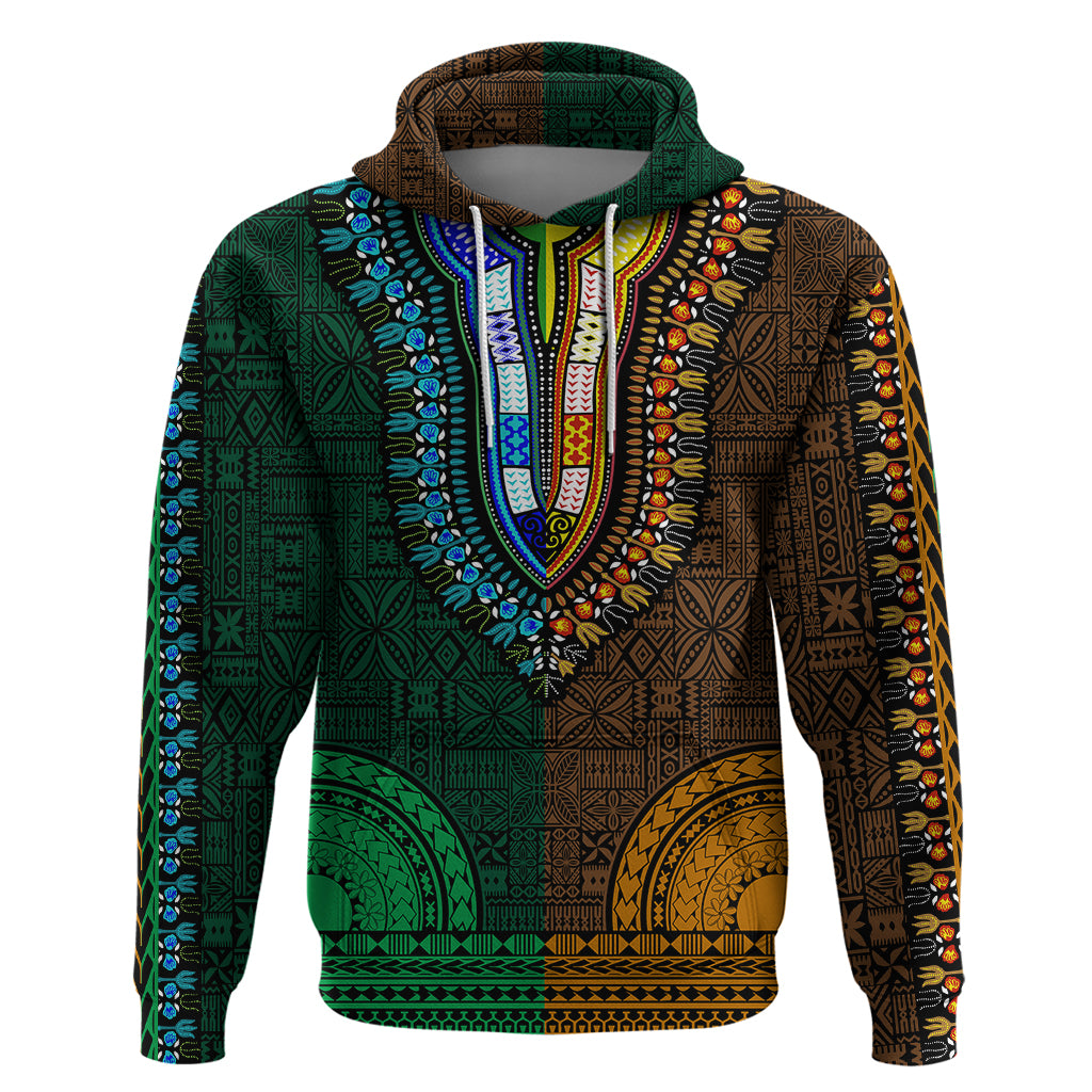 African Dashiki Hoodie With Tapa Pattern - Half Green and Gold LT9
