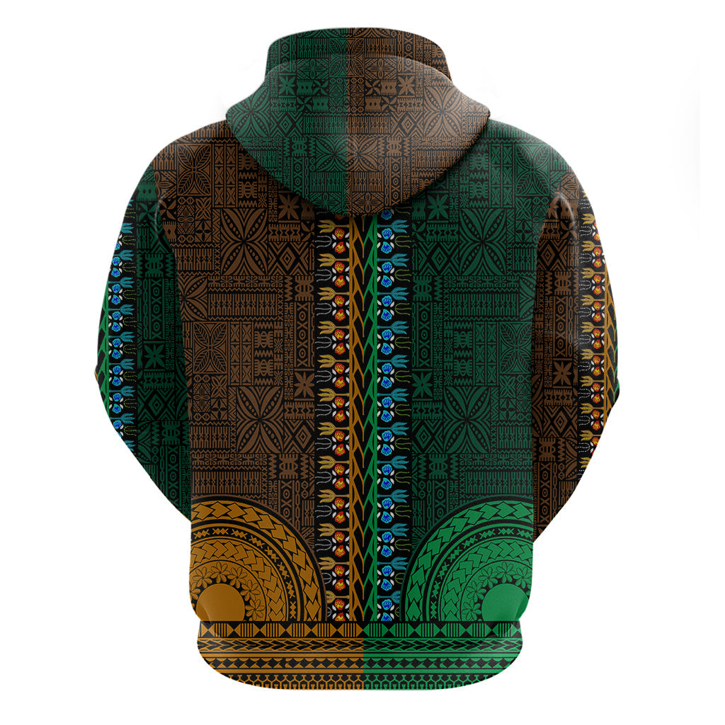 African Dashiki Hoodie With Tapa Pattern - Half Green and Gold LT9