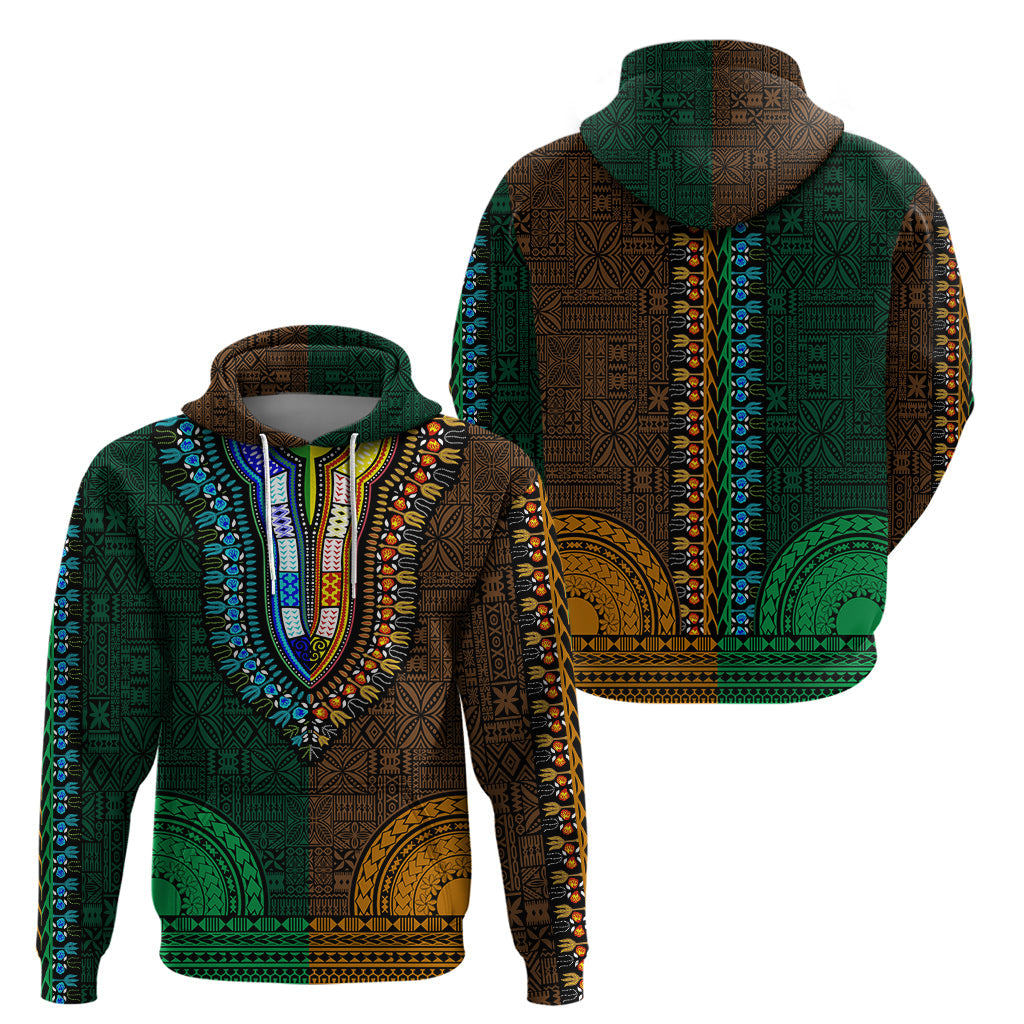 African Dashiki Hoodie With Tapa Pattern - Half Green and Gold LT9