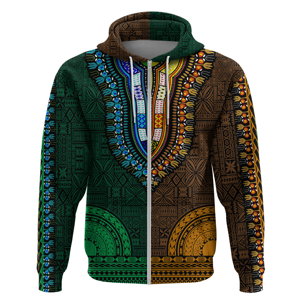 African Dashiki Hoodie With Tapa Pattern - Half Green and Gold LT9