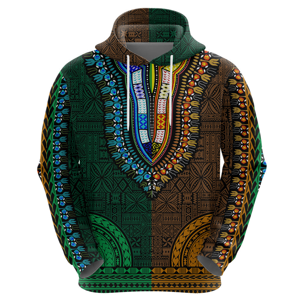 African Dashiki Hoodie With Tapa Pattern - Half Green and Gold LT9