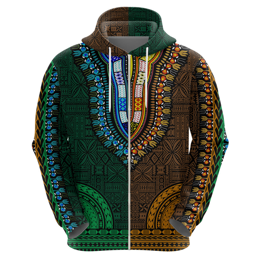 African Dashiki Hoodie With Tapa Pattern - Half Green and Gold LT9