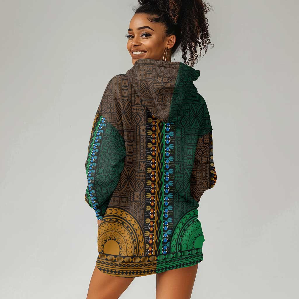 Green-gold Dashiki and Tapa Pattern Hoodie Dress Africa-Polynesia Together Culture LT9