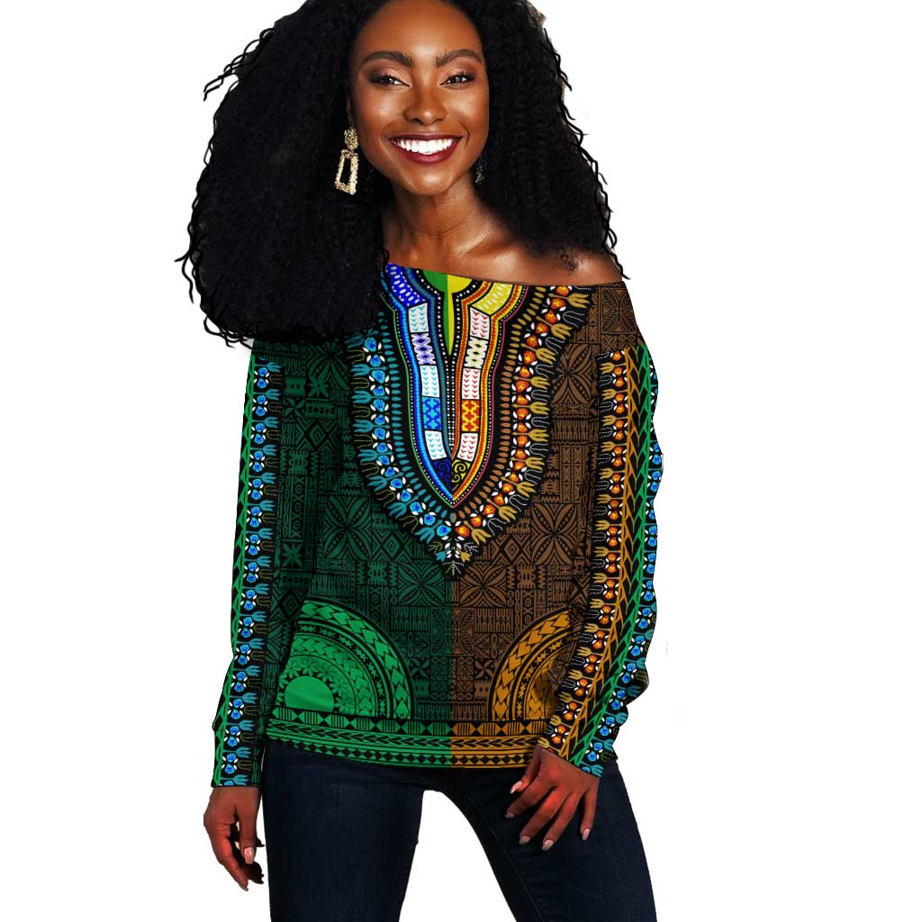 Green-gold Dashiki and Tapa Pattern Off Shoulder Sweater Africa-Polynesia Together Culture LT9
