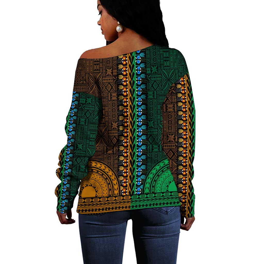 Green-gold Dashiki and Tapa Pattern Off Shoulder Sweater Africa-Polynesia Together Culture LT9
