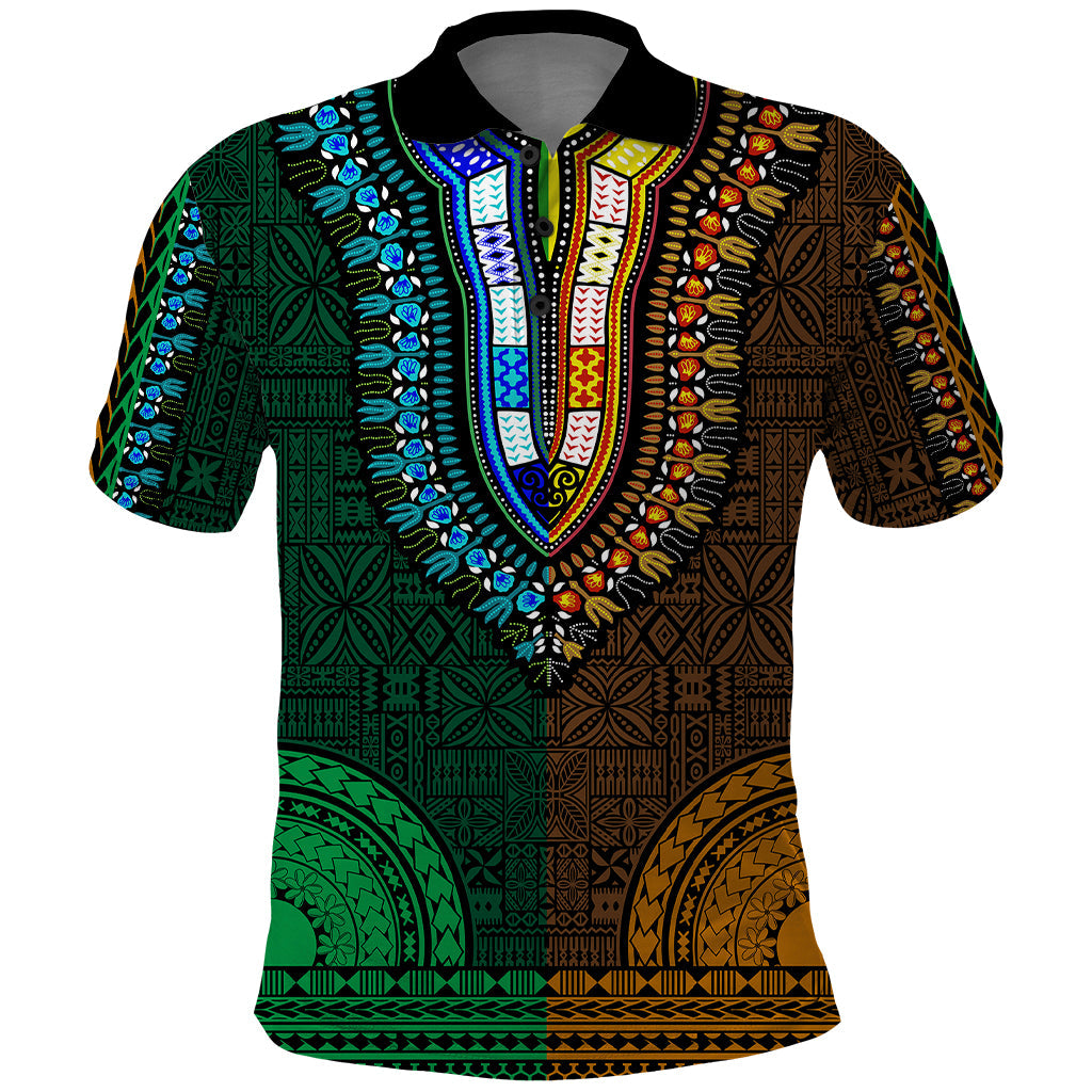 African Dashiki Polo Shirt With Tapa Pattern - Half Green and Gold LT9