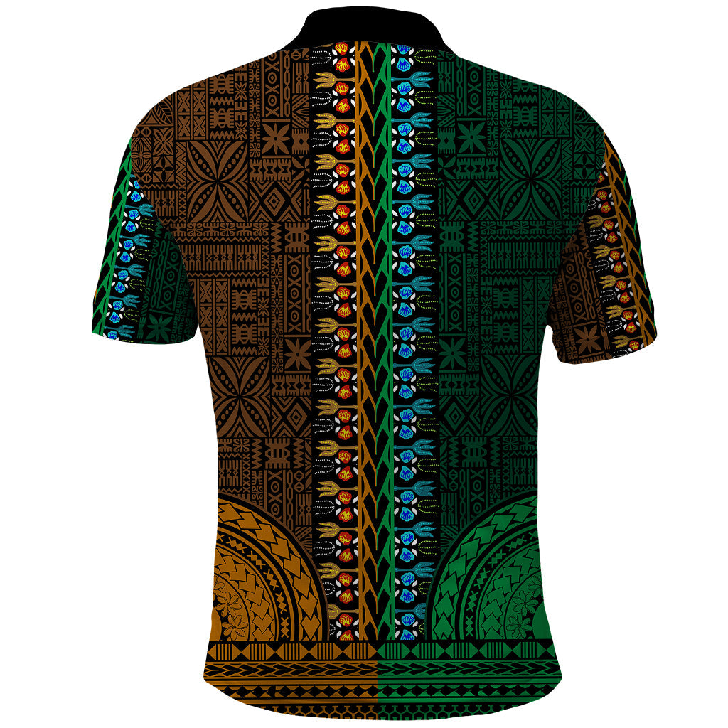 African Dashiki Polo Shirt With Tapa Pattern - Half Green and Gold LT9