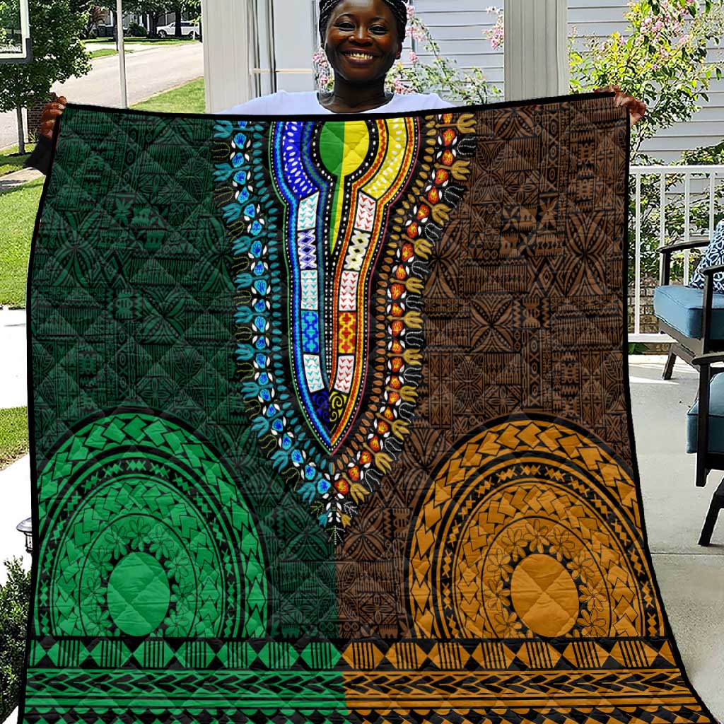 Green-gold Dashiki and Tapa Pattern Quilt Africa-Polynesia Together Culture LT9