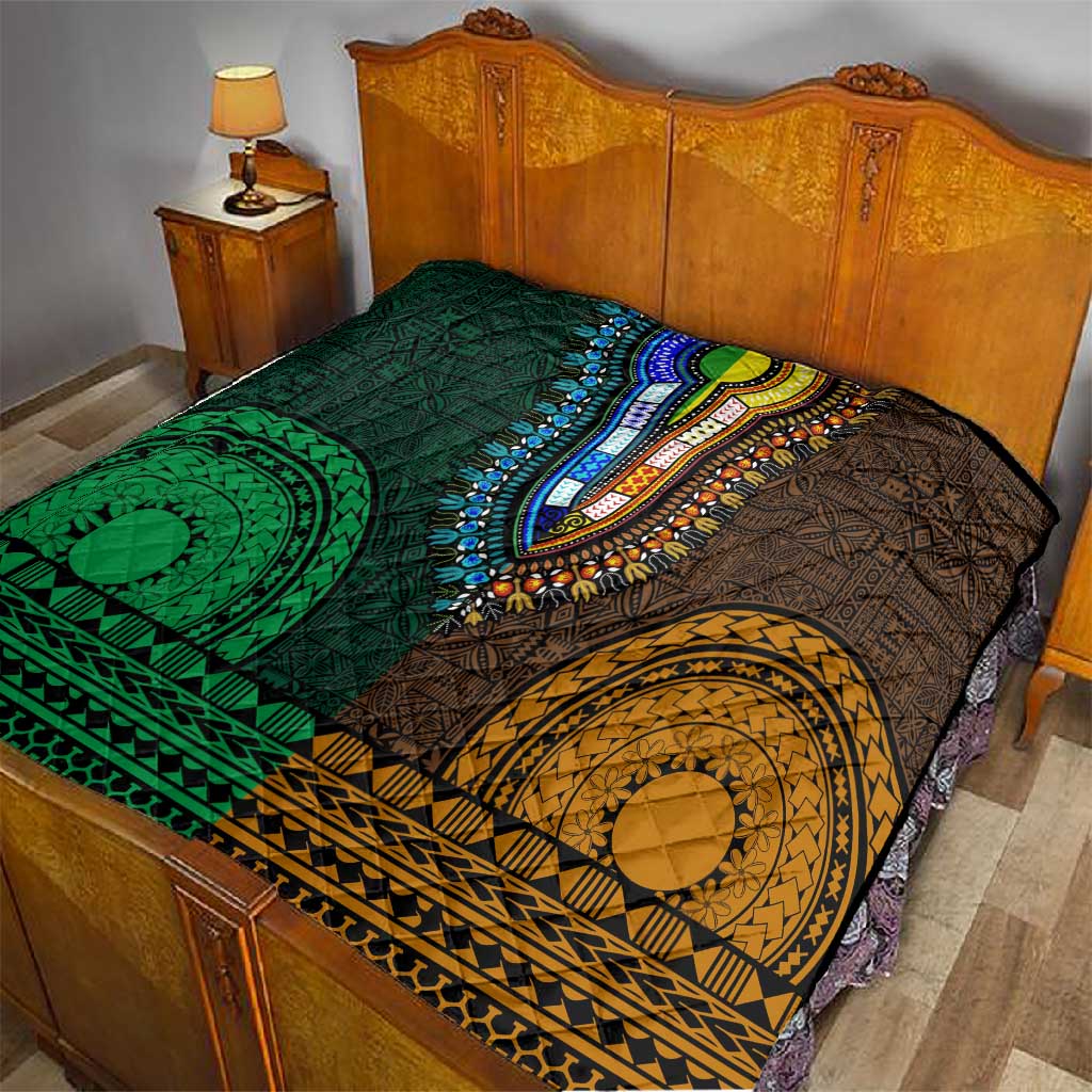 Green-gold Dashiki and Tapa Pattern Quilt Africa-Polynesia Together Culture LT9