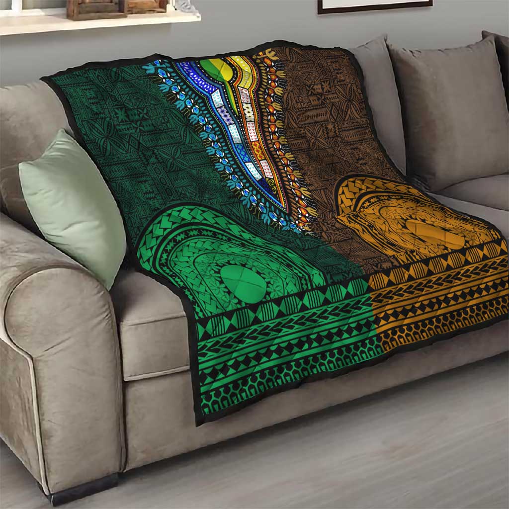 Green-gold Dashiki and Tapa Pattern Quilt Africa-Polynesia Together Culture LT9