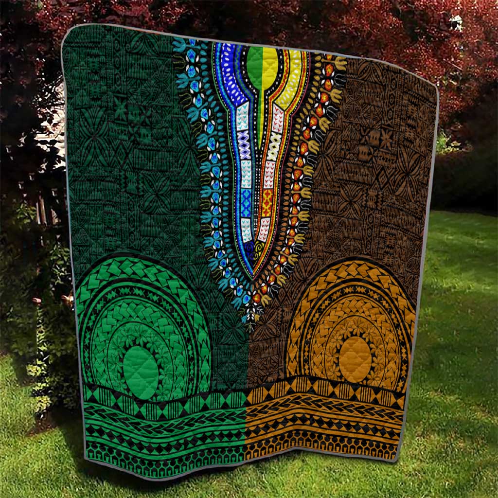Green-gold Dashiki and Tapa Pattern Quilt Africa-Polynesia Together Culture LT9