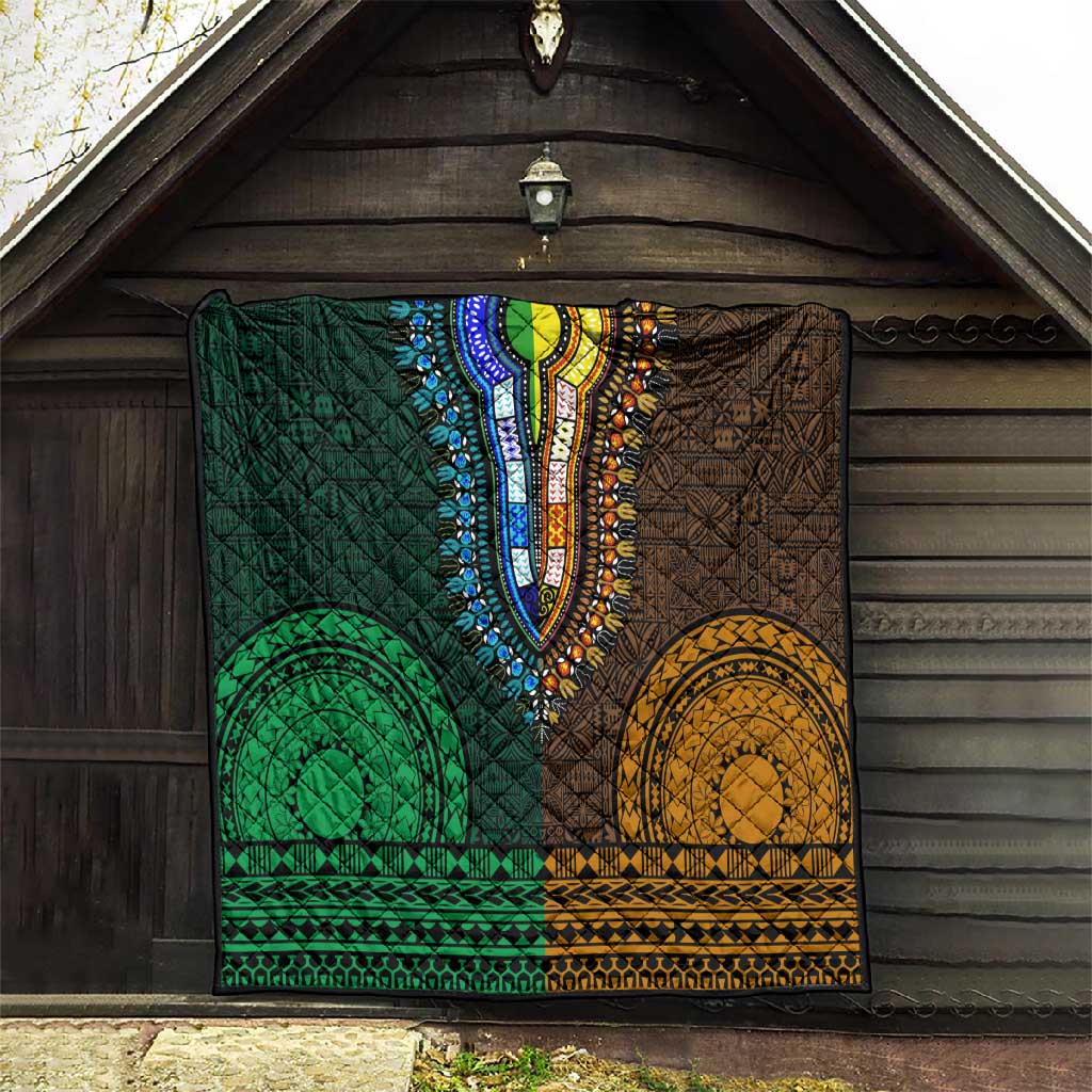 Green-gold Dashiki and Tapa Pattern Quilt Africa-Polynesia Together Culture LT9